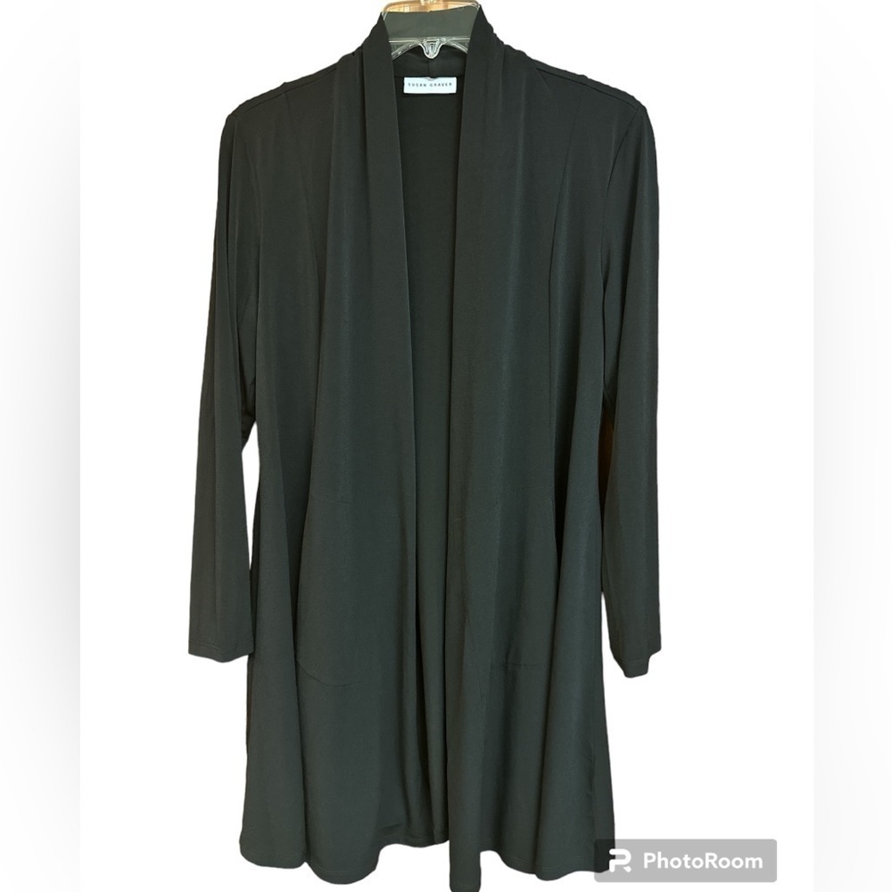Susan Graver Black Open Front Liquid Knit Longline Cardigan SP